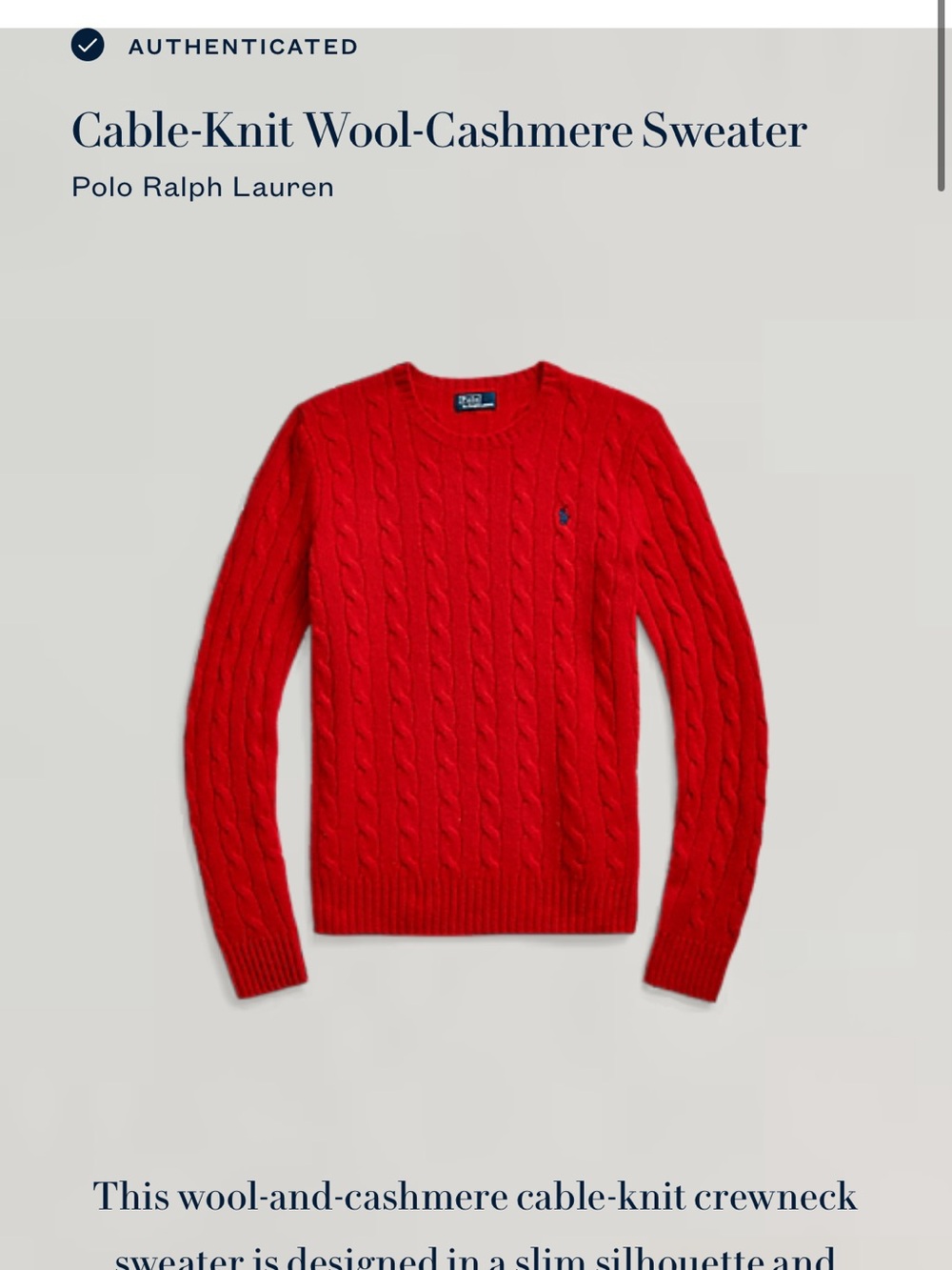Ralph Lauren Cashmere Wool Blend Red Slim Cable-Knit Crew Sweater - Picture 4 of 9